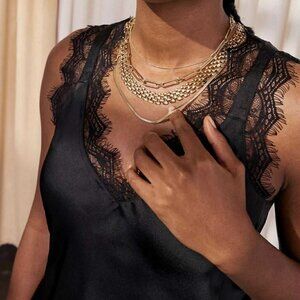 Stella & Dot Black Satin and Lace V-Neck Tank Camisole; XS